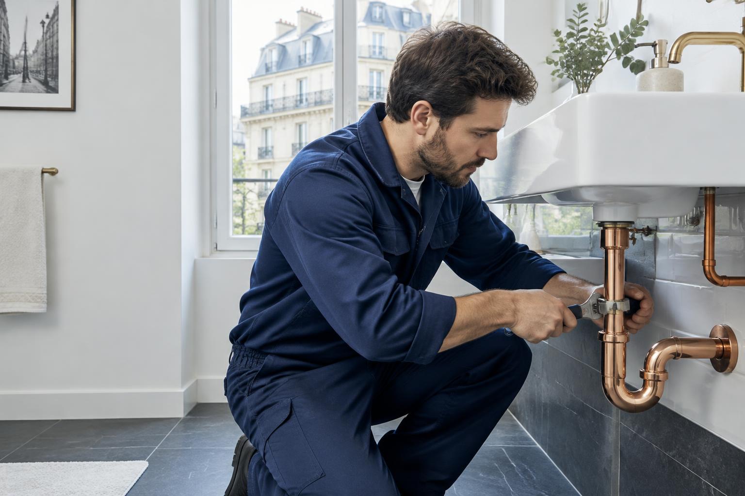 Illustration de plomberie : intervention sous un lavabo